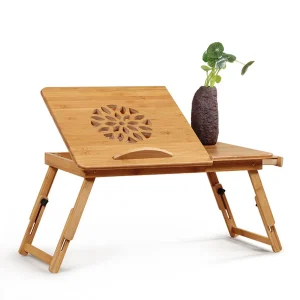 Folding Laptop Desk Bamboo Portable Folding Bed Tray Multi-functional Dining Table Lotus Pattern With Small Drawers For Studying